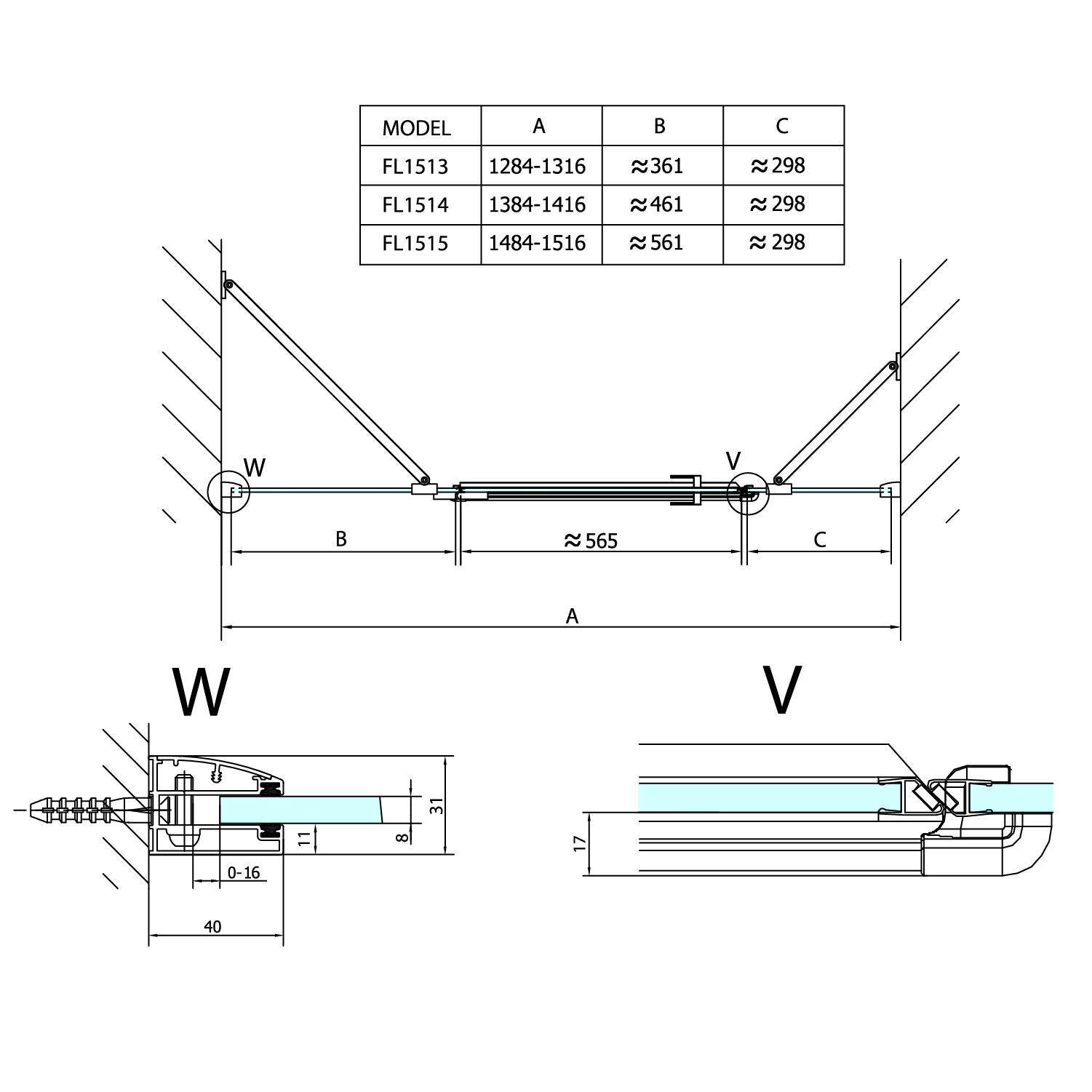 Polysan FORTIS LINE 1400mm, dveře s pevnou stěnou, 3-dílné, otočné, pravé - FL1514R