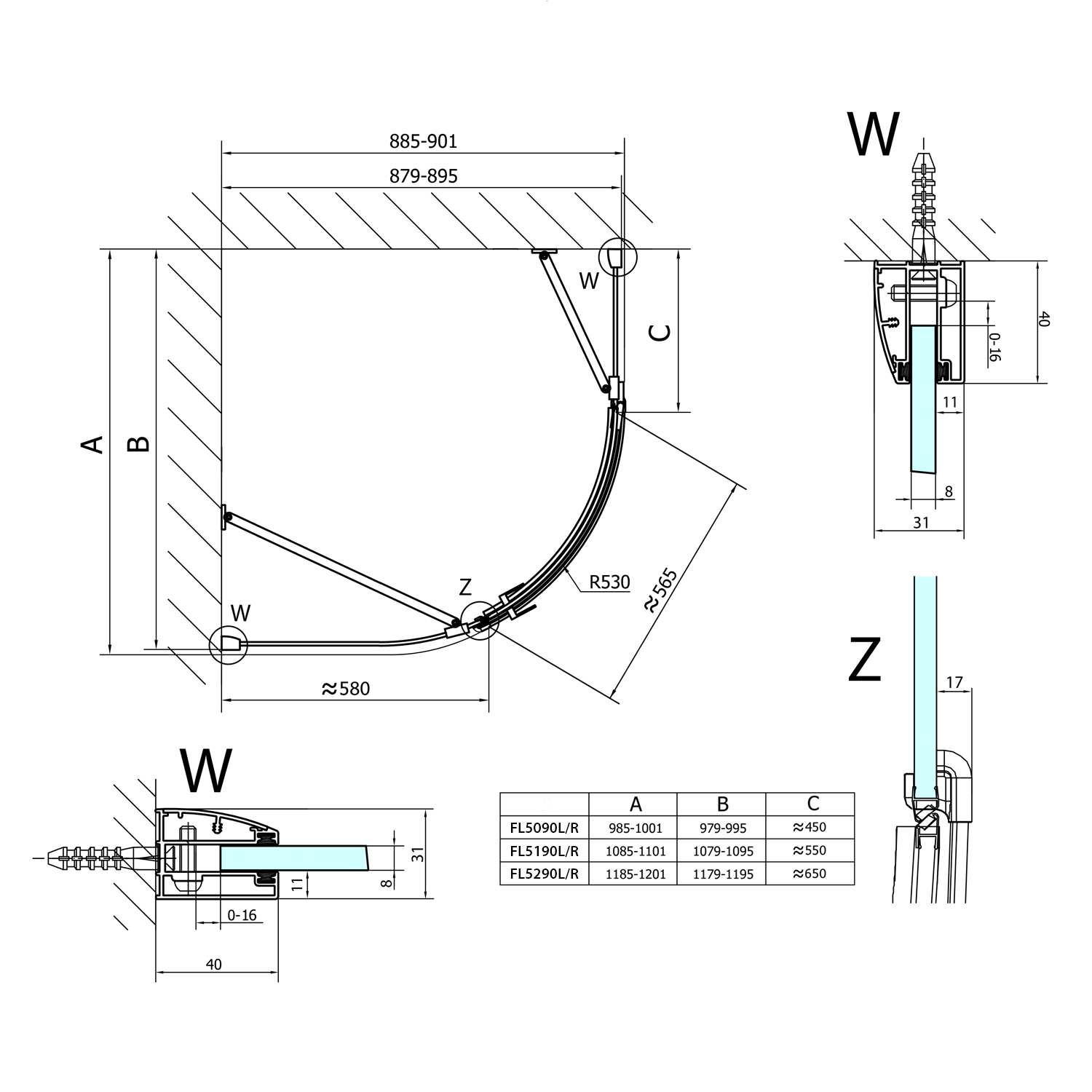 Polysan FORTIS LINE 1100mm, prodloužená čtvrtkruhová zástěna R550, pravá - FL5190R