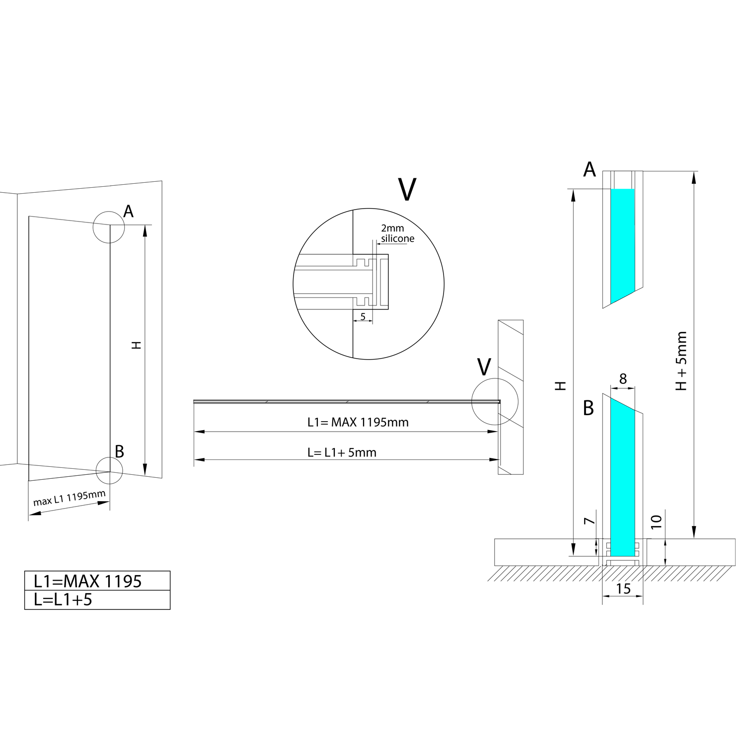 Polysan ARCHITEX LINE sada pro uchycení skla, podlaha-stěna, max. š. 1200 mm, černá mat - AXL2112B