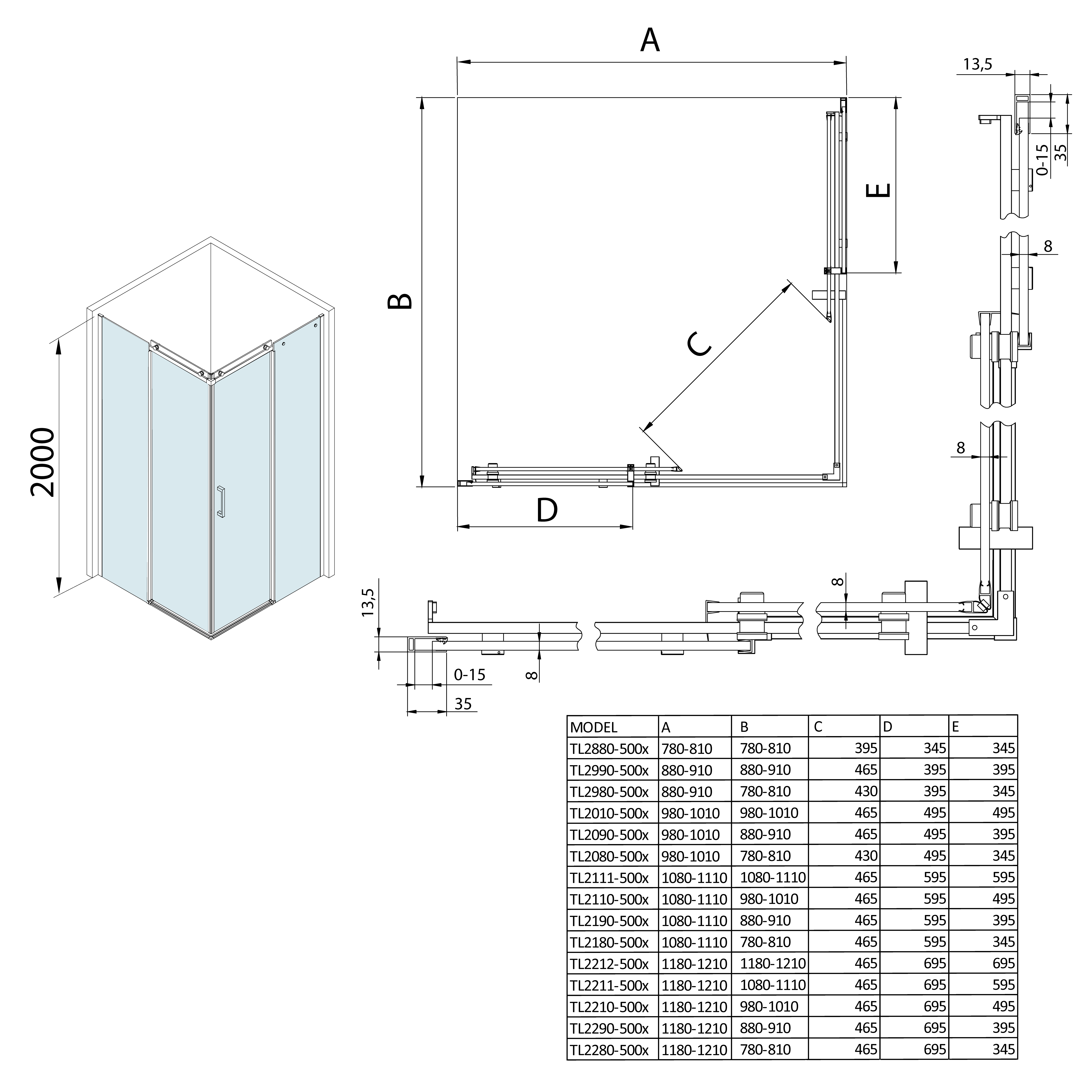 Polysan THRON LINE SQUARE obdélníkový sprchový kout 1200x900mm, hranaté pojezdy, rohový vstup - TL2290-5002