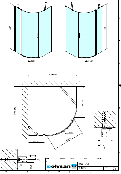 Polysan ZOOM LINE BLACK 900x900, čtvrtkruhová sprchová zástěna levá, černá - ZL2615BL