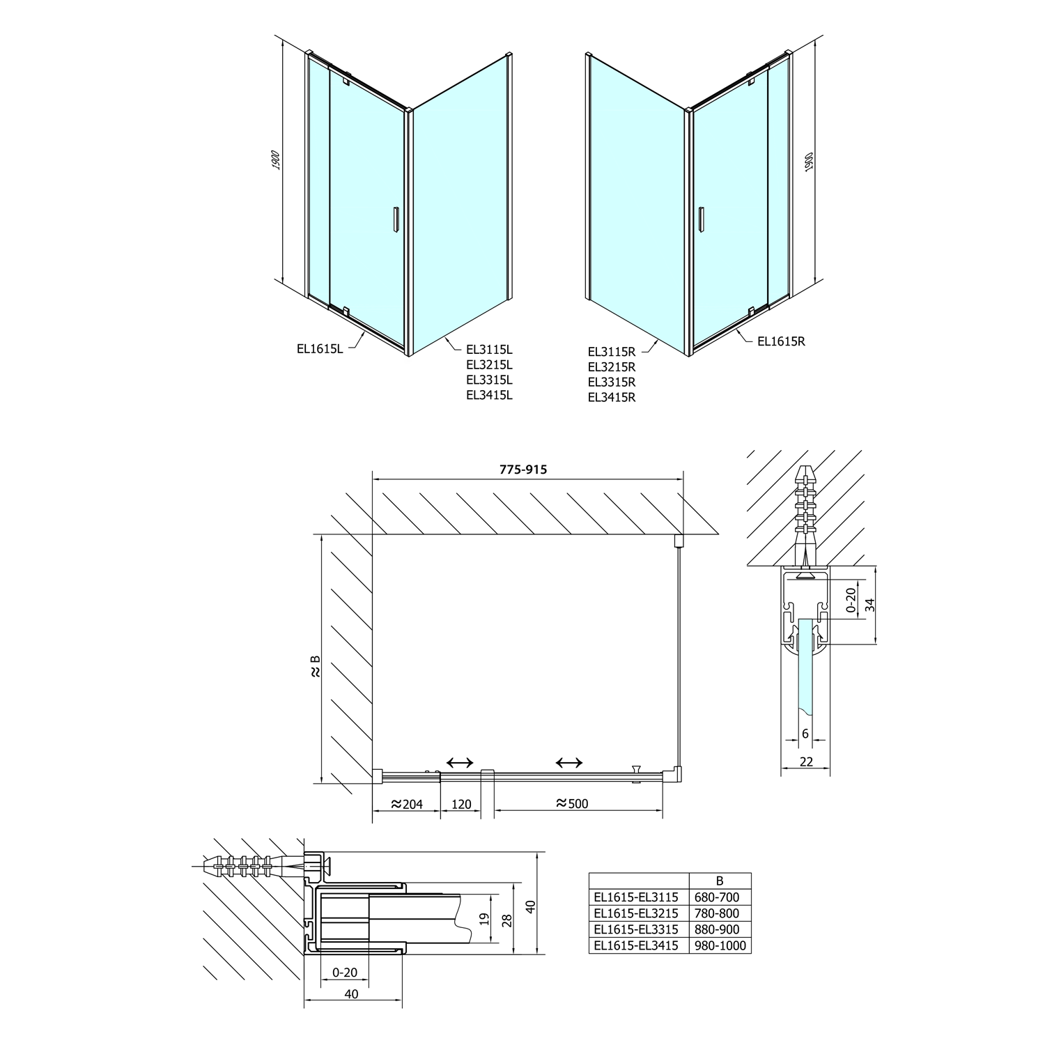 Polysan EASY LINE obdélníkový sprchový kout pivot dveře 800-900x800mm - EL1615EL3215