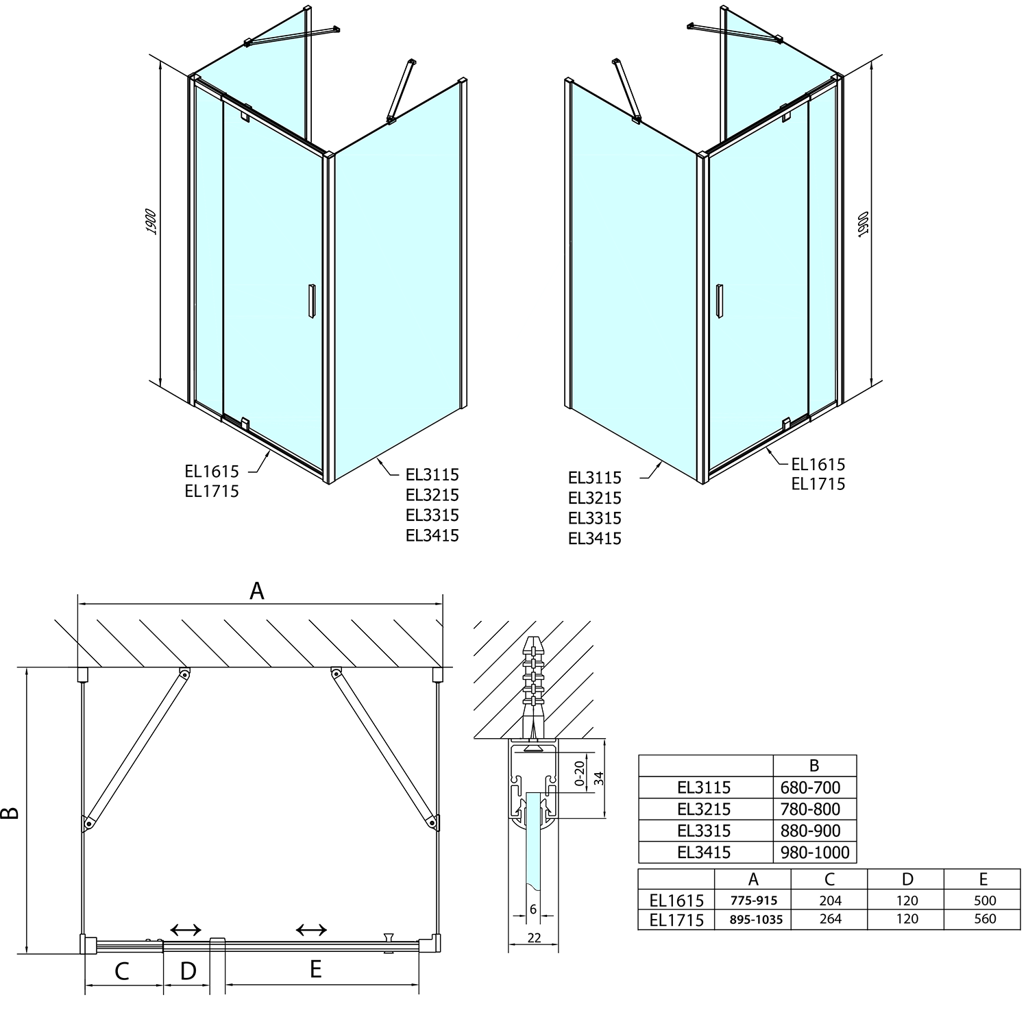 Polysan EASY LINE třístěnný sprchový kout 800-900x900mm - EL1615EL3315EL3315