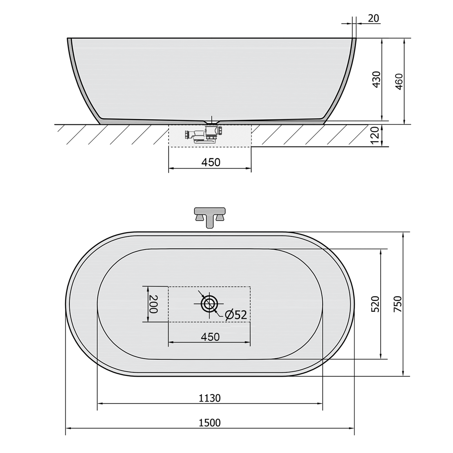 Polysan REDUTA 150x75x46 volně stojící vana, černá - 72974