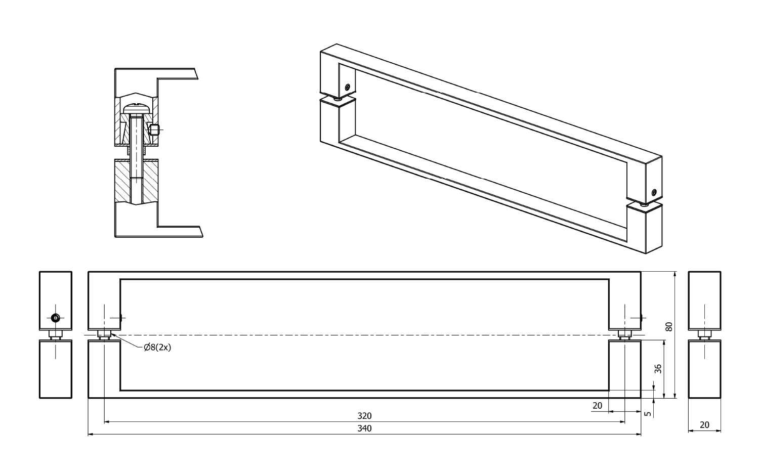 LUCIS LINE hranaté madlo, 20x340x36 mm, pár, chrom