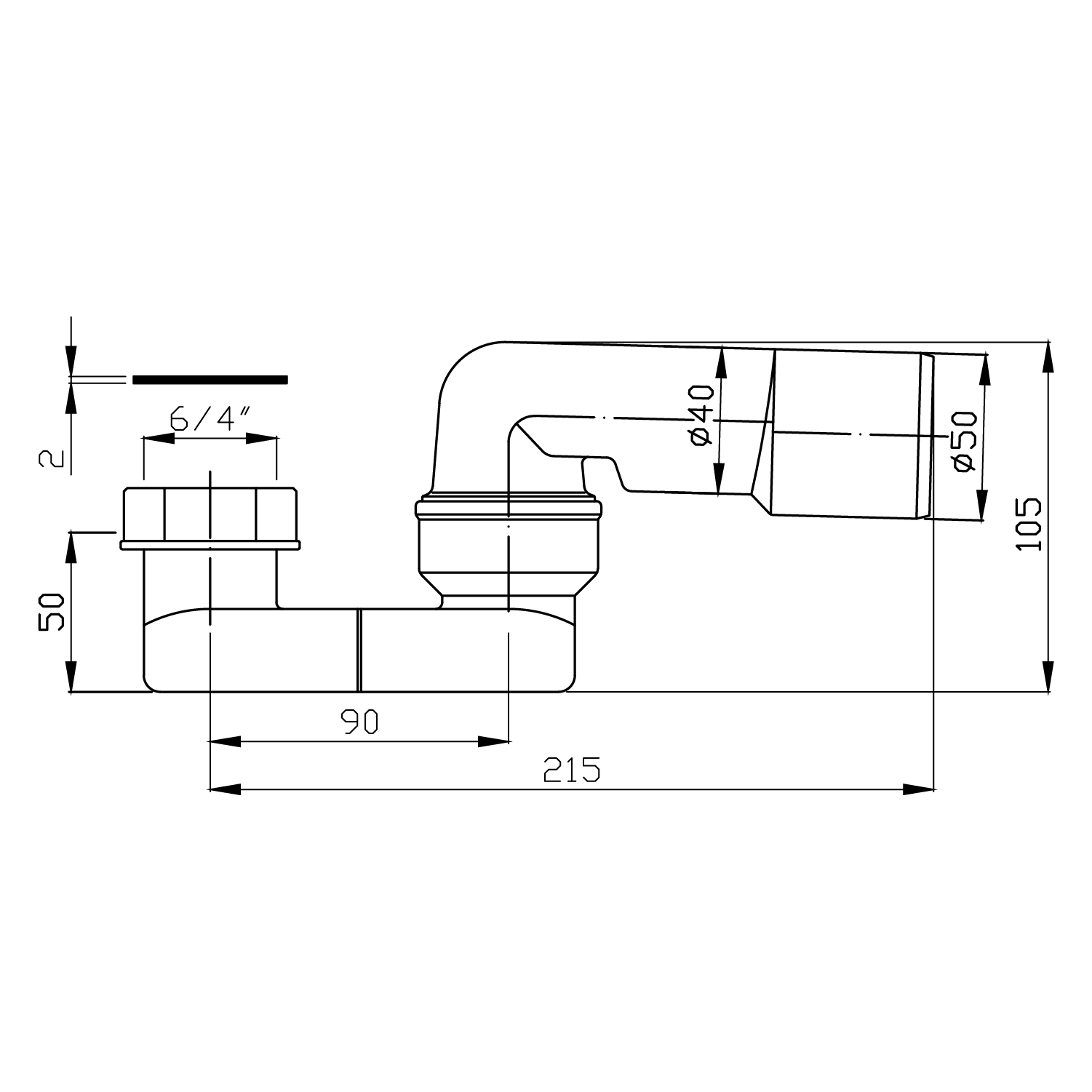 Sifon 6/4" x 40/50 mm, výška 52 mm