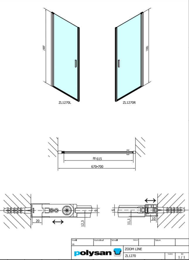 Polysan ZOOM LINE 700, sprchové dveře - ZL1270