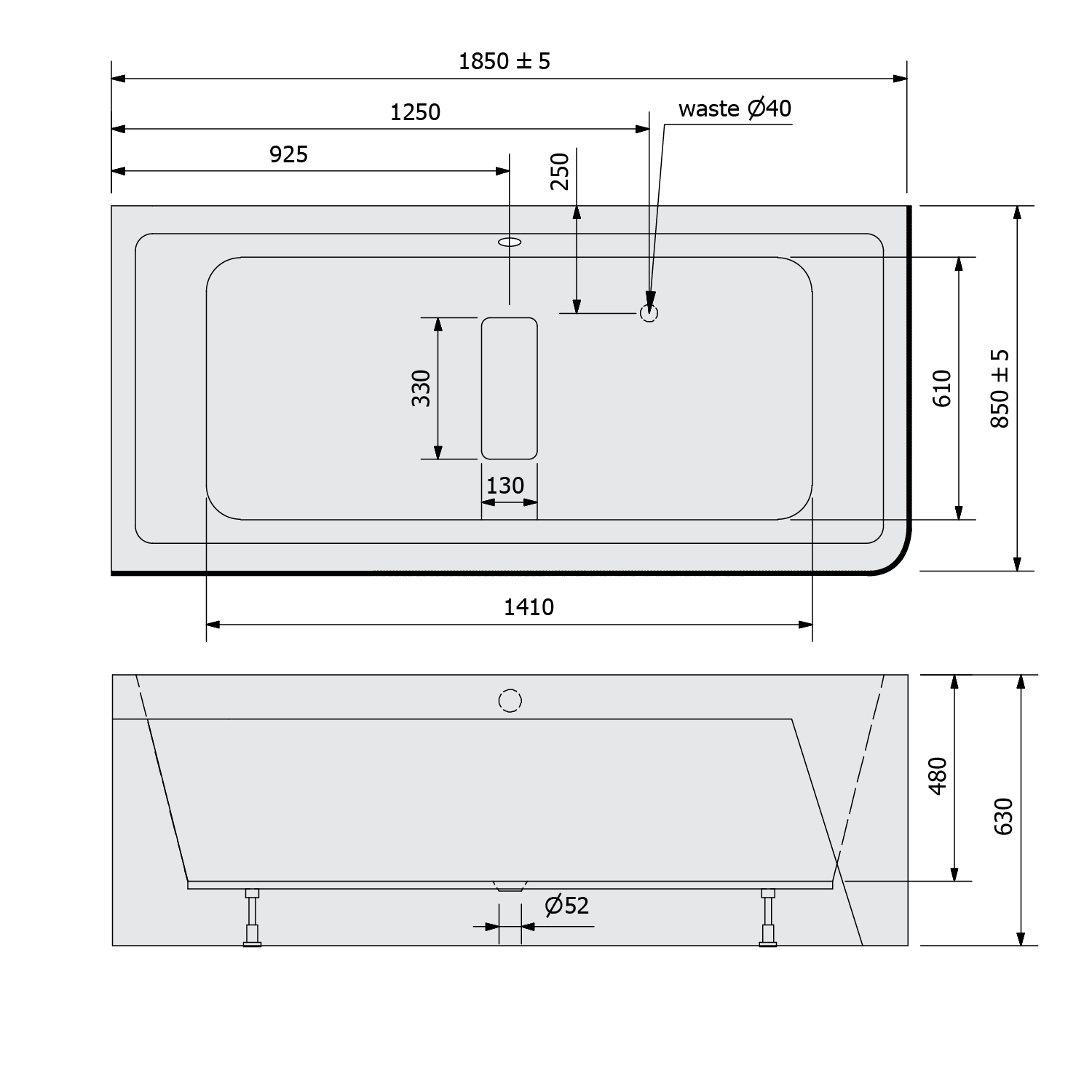 Polysan MARLENE CURVE L MONOLITH 185x85 vana černá - 71607MCLB