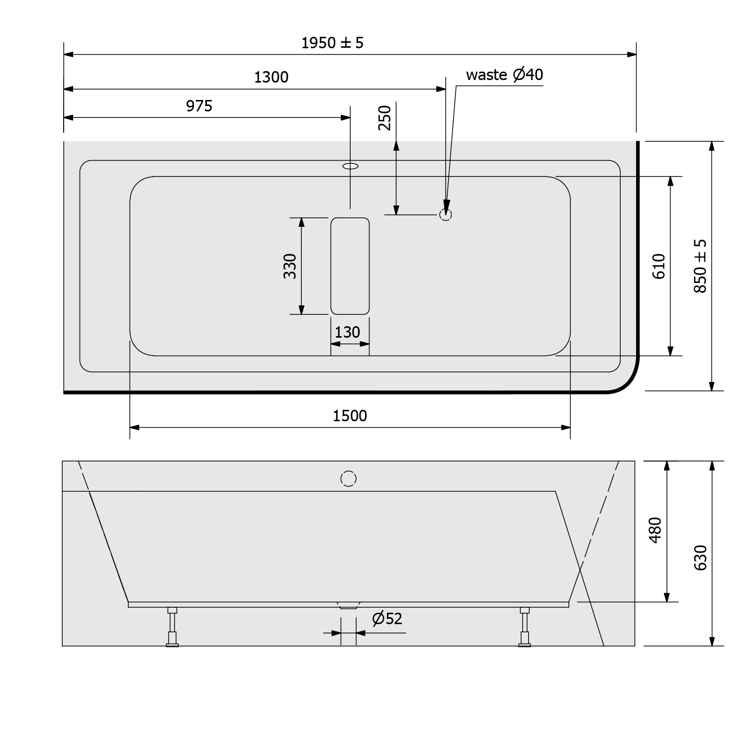 Polysan MARLENE CURVE L MONOLITH 195x85 vana černá - 78731MCLB