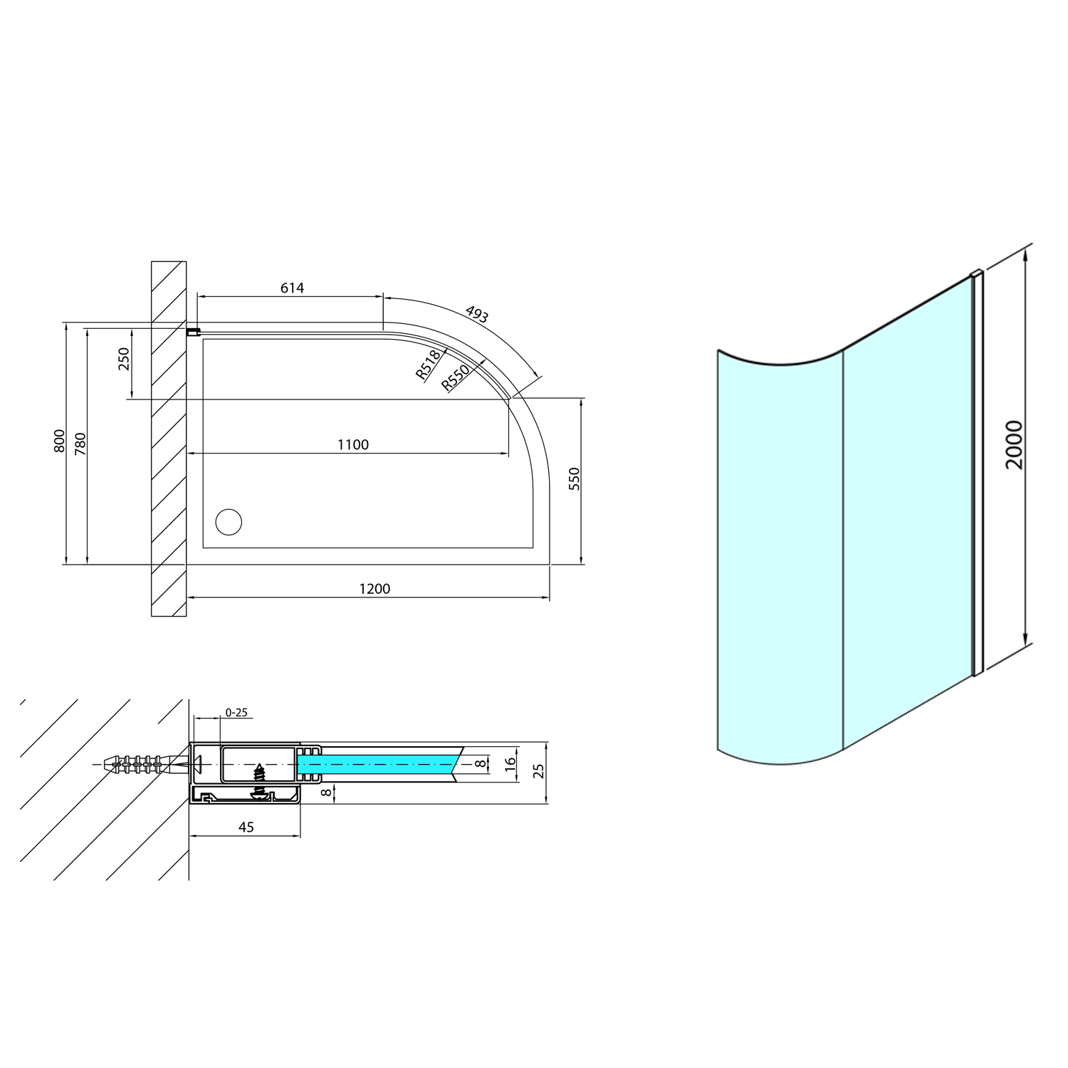 Polysan MODULAR SHOWER 1100 zaoblená pevná zástěna k instalaci na zeď R550- MS1-120-C