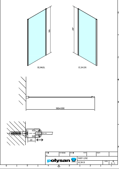 Polysan EASY LINE 1000, obdélníková sprchová zástěna boční stěna - EL3415