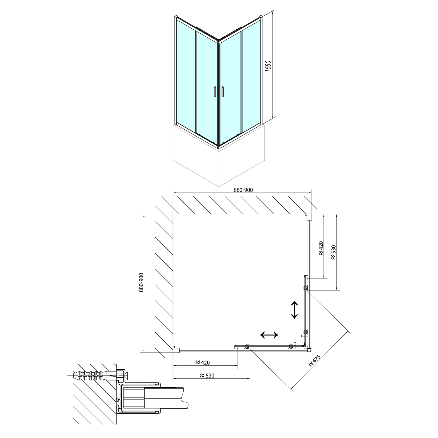 Polysan CARMEN 900x900, čtvercová zástěna R55, čirá - MD5116