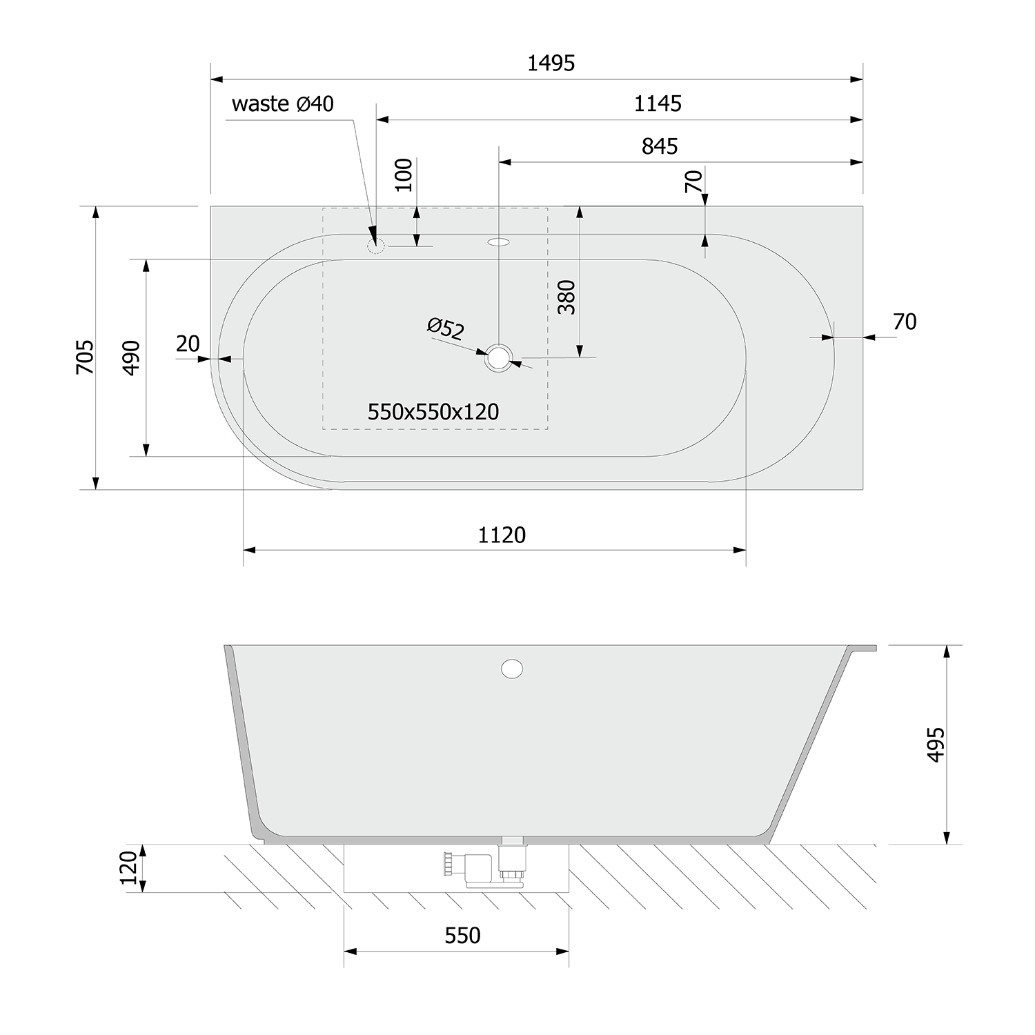 Polysan SUSSI R 150x70 volně stojící vana, černá - 93241R