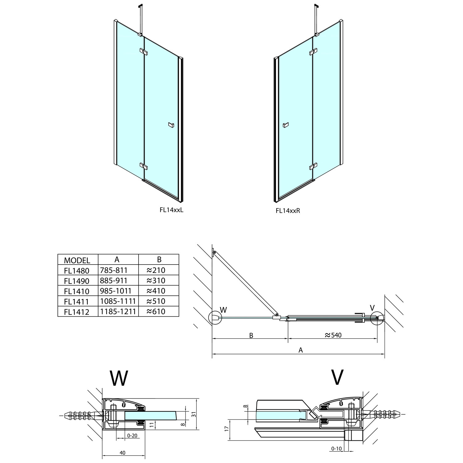 Polysan FORTIS LINE 800mm, dveře s pevnou stěnou, otočné, levé - FL1480L