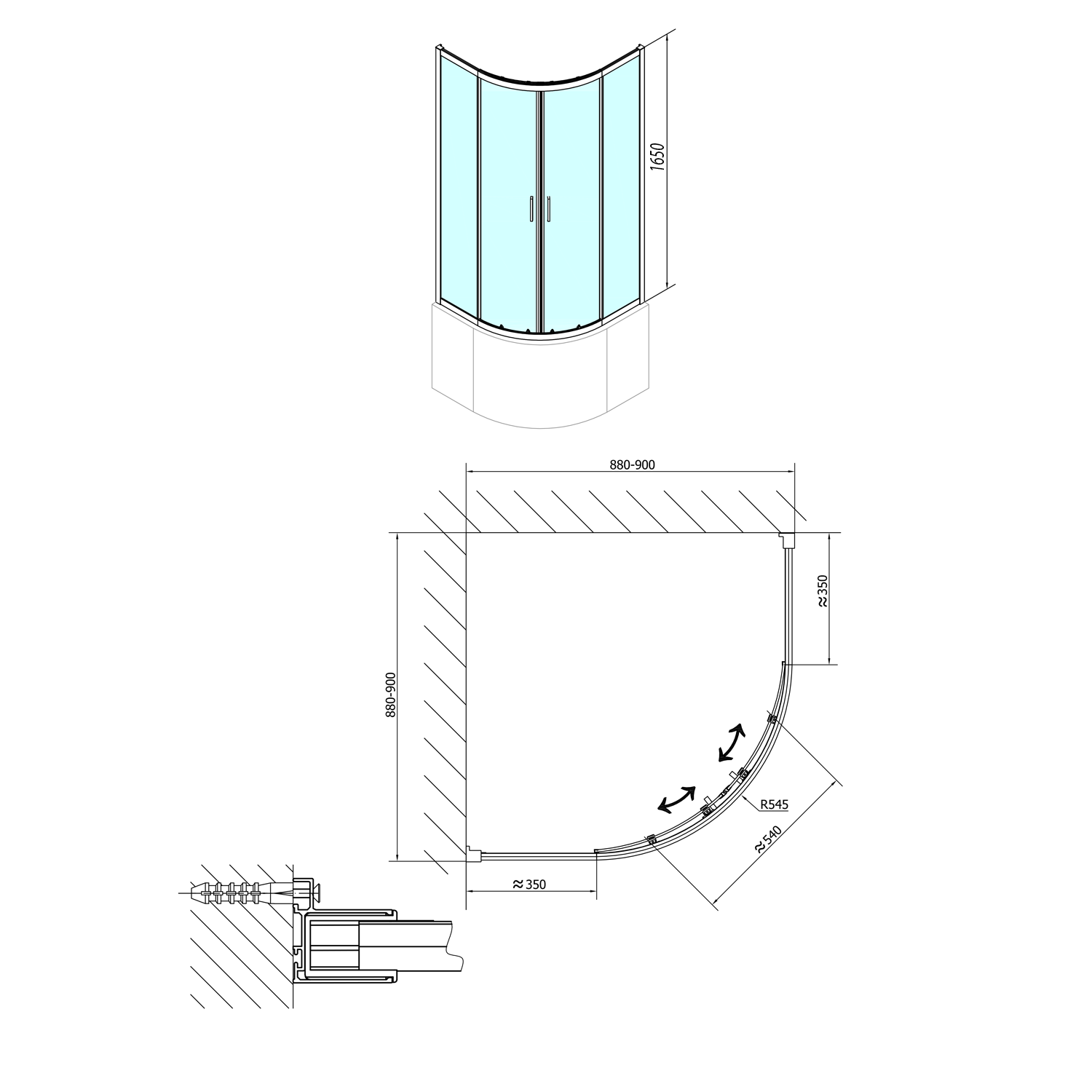 Polysan SELMA 900x900, čtvrtkruhová zástěna R55, čirá - MD2516