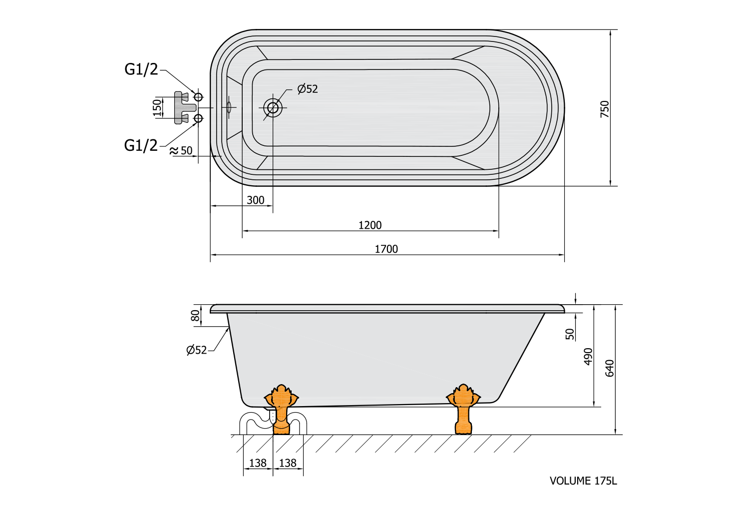  Polysan FOXTROT 170x75 volně stojící vana - 72963