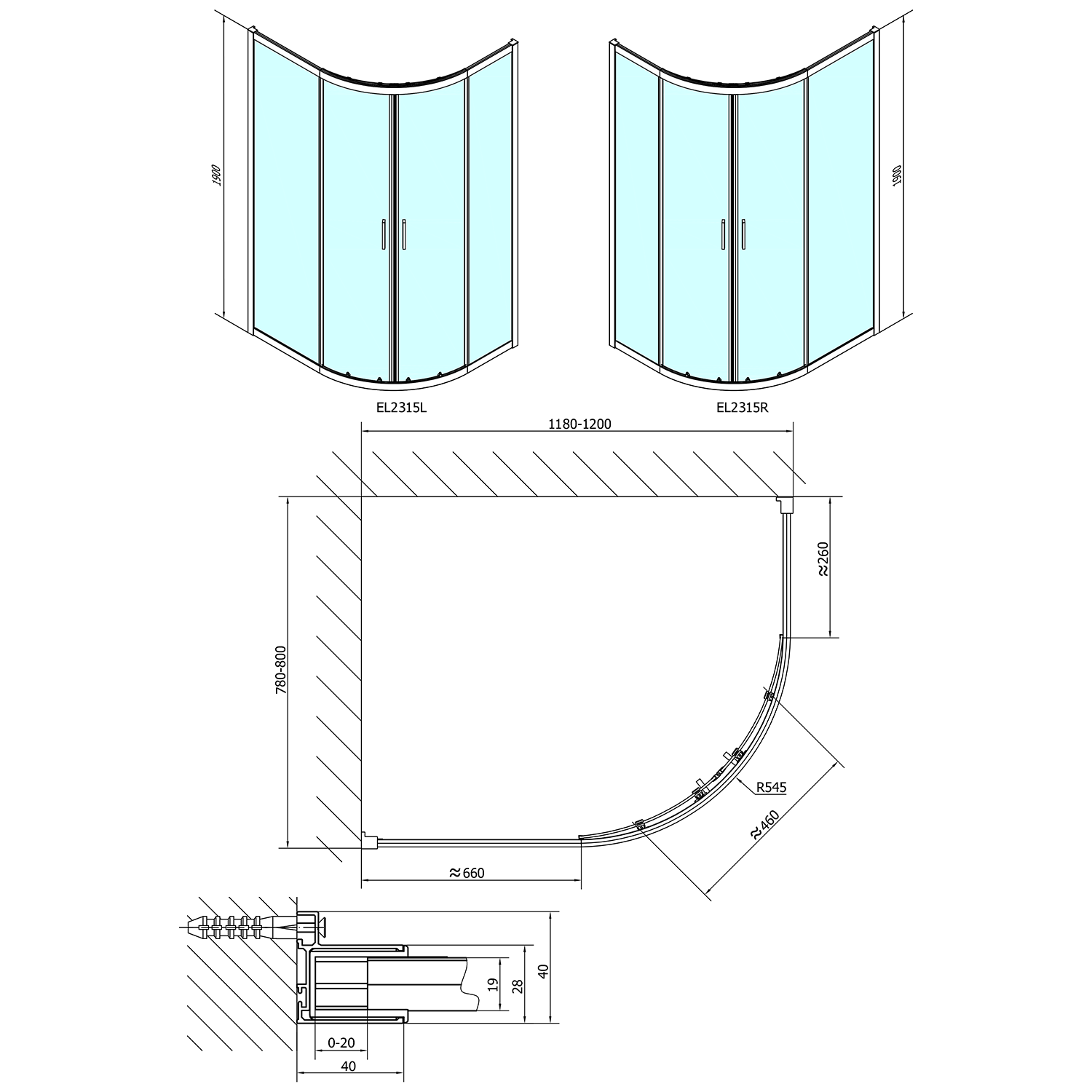 Polysan EASY LINE 1200x800, čtvrtkruhová sprchová zástěna R55 - EL2315