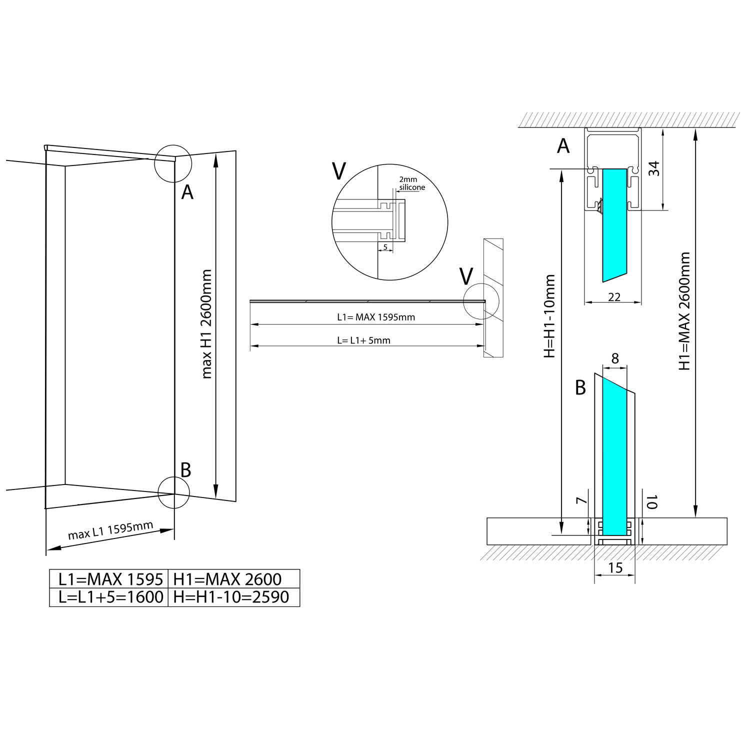 Polysan ARCHITEX LINE sada pro uchycení skla, podlaha-stěna-strop, max. š. 1600 mm, černý mat - AXL2816B