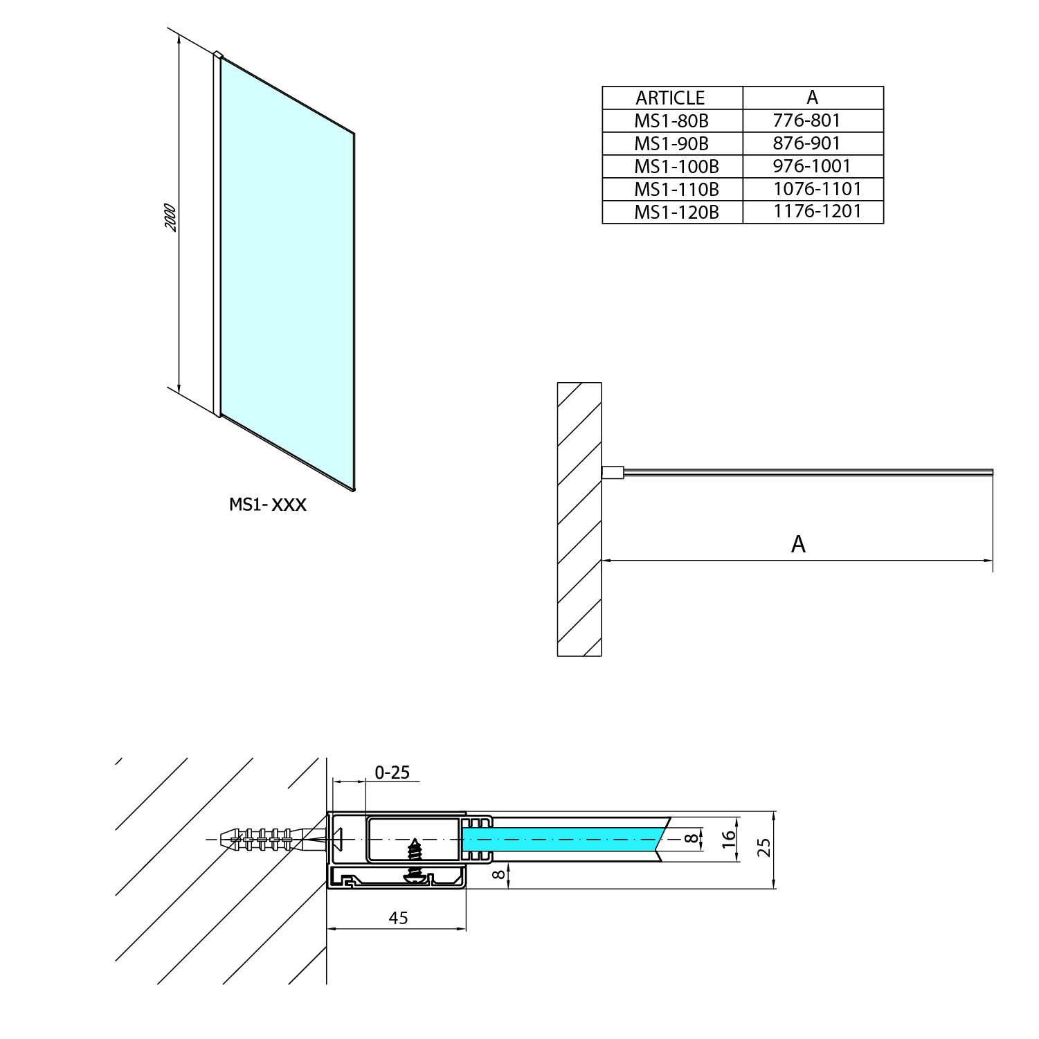 Polysan MODULAR SHOWER 1000 jednodílná pevná zástěna k instalaci na zeď, černá mat - MS1-100B