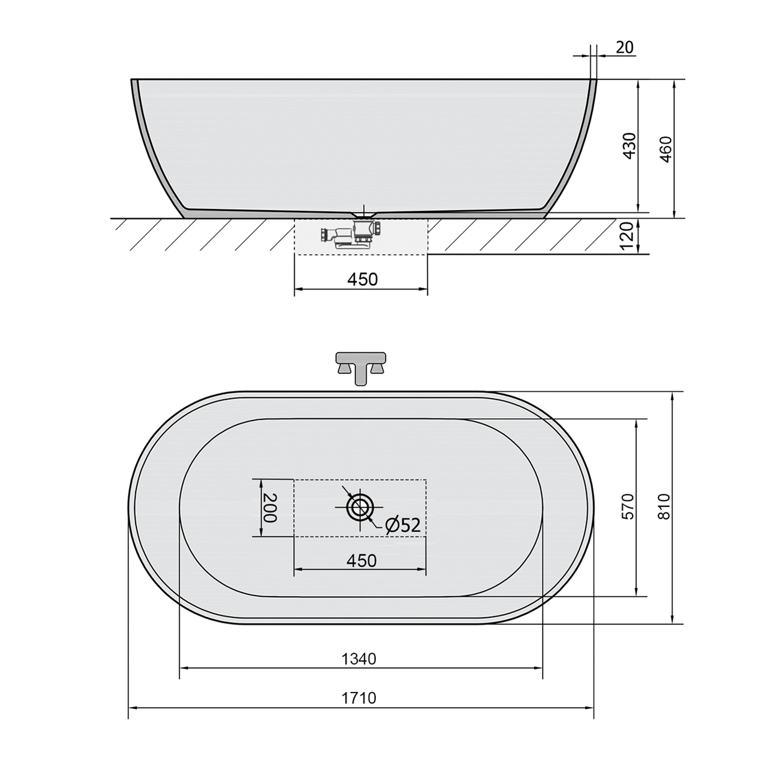 Polysan REDUTA 171x81x46 volně stojící vana, černá - 72973