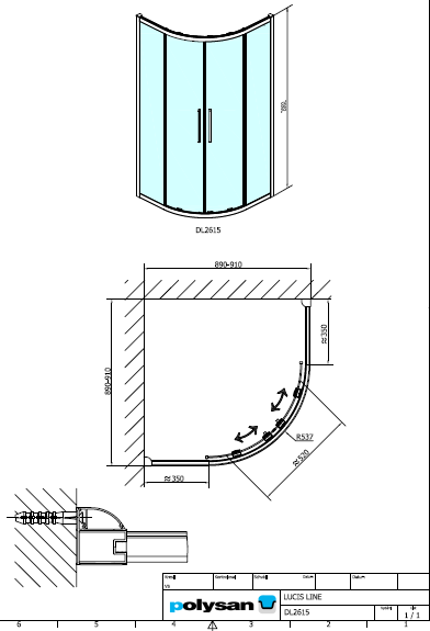 Polysan LUCIS LINE 900x900, čtvrtkruhová sprchová zástěna R55 - DL2615