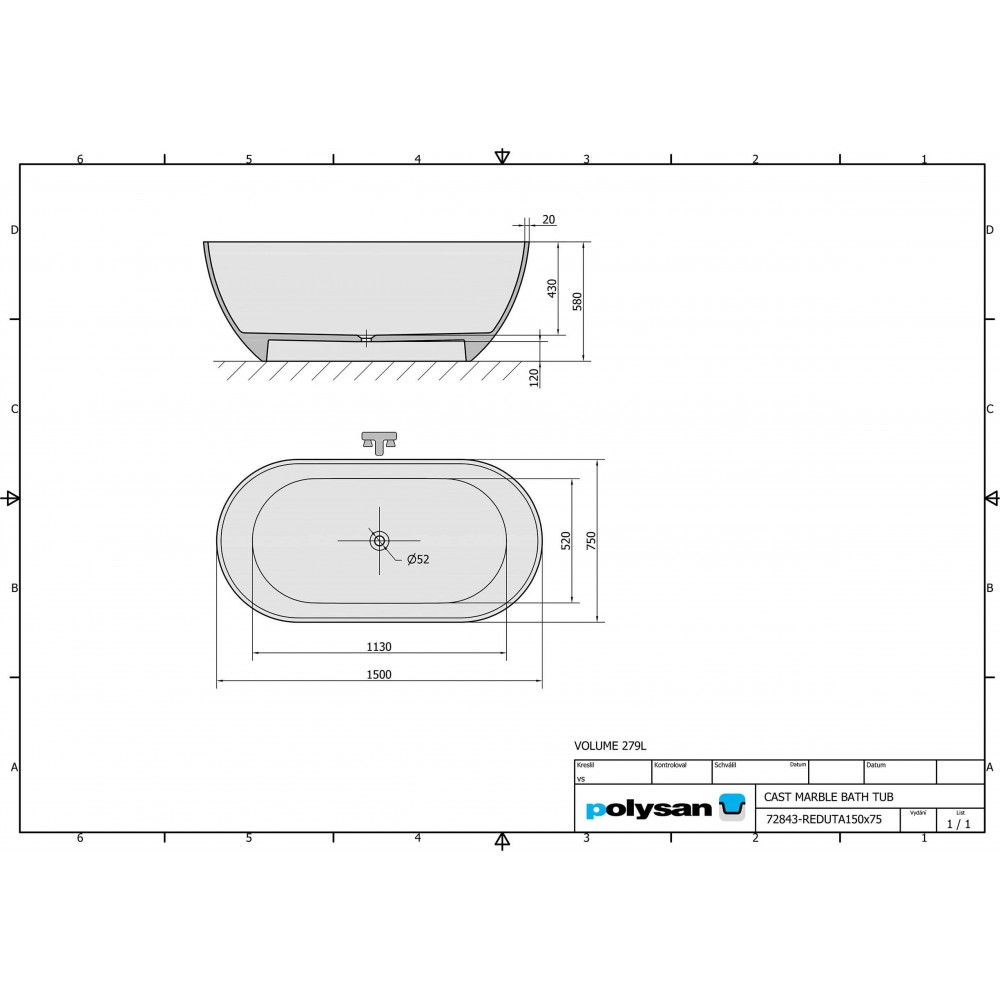 Polysan REDUTA 150x75x46 volně stojící vana - 72843