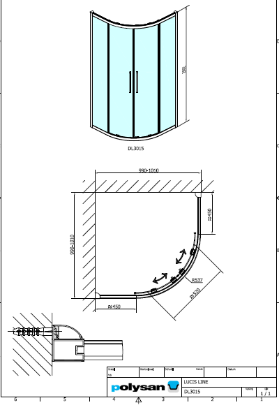 Polysan LUCIS LINE 1000x1000, čtvrtkruhová sprchová zástěna R55 - DL3015