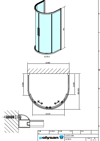 Polysan LUCIS LINE 900x900, půlkruhová sprchová zástěna - DL3615