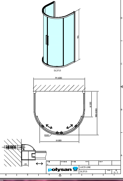 Polysan LUCIS LINE 1000x1000, půlkruhová sprchová zástěna - DL3715