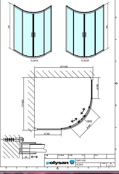 Polysan EASY LINE 900x800, čtvrtkruhová sprchová zástěna R55 - EL2815