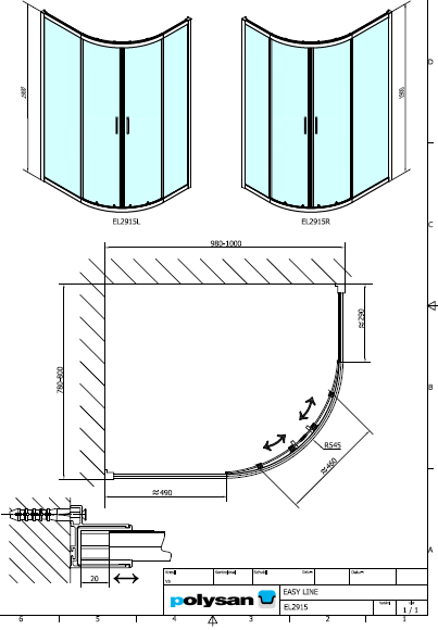 Polysan EASY LINE 1000x800, čtvrtkruhová sprchová zástěna R55 - EL2915