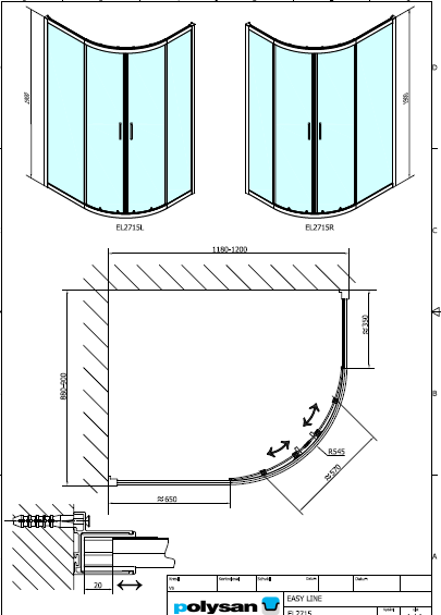Polysan EASY LINE 1200x900, čtvrtkruhová sprchová zástěna R55 - EL2715