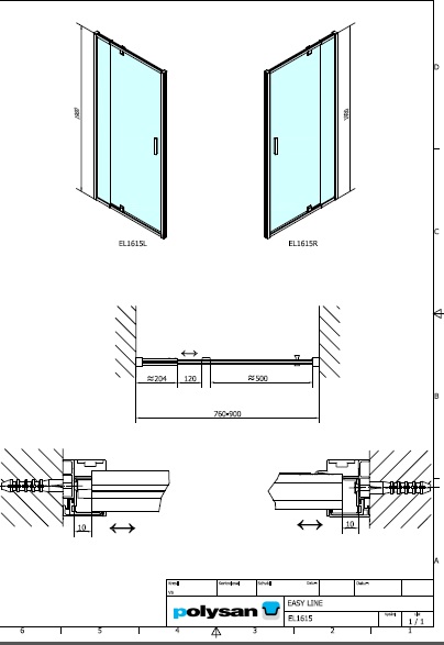 Polysan EASY LINE sprchové dveře otočné 760-900mm s pevnou stěnou - EL1615