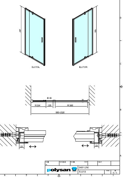 Polysan EASY LINE sprchové dveře otočné 880-1020mm s pevnou stěnou - EL1715