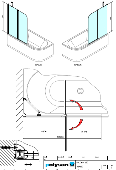 Polysan PALOMA BS-120 zástěna s otočným profilem a pevnou stěnou - BS-120