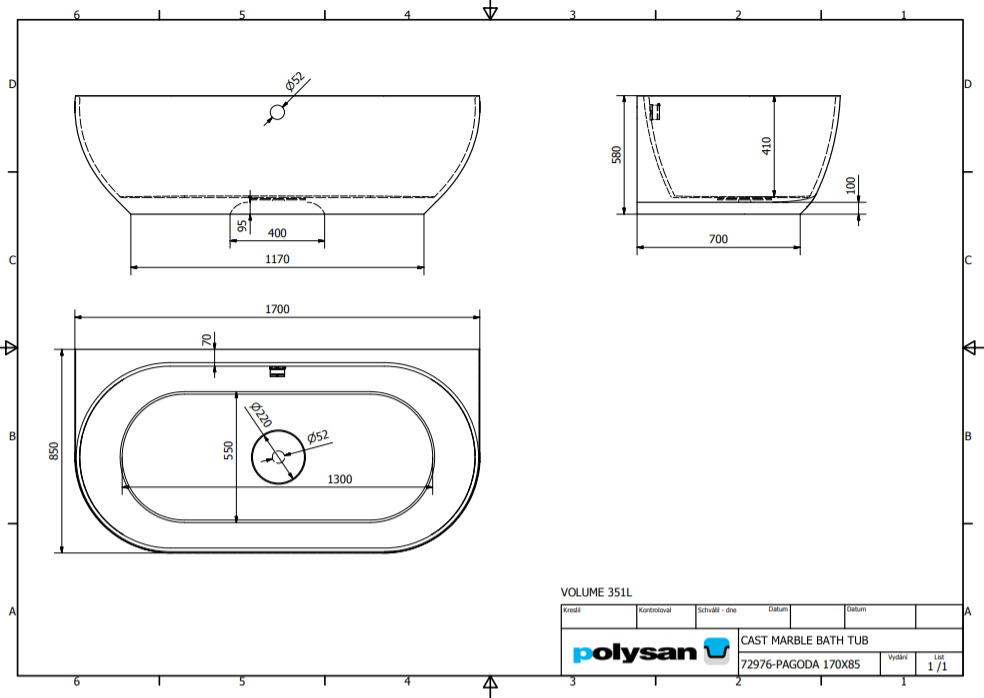  Polysan PAGODA 170x85 volně stojící vana - 72976