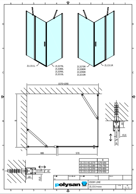 Polysan ZOOM LINE obdélníkový sprchový kout 1100x900, L/P - ZL1311ZL3290