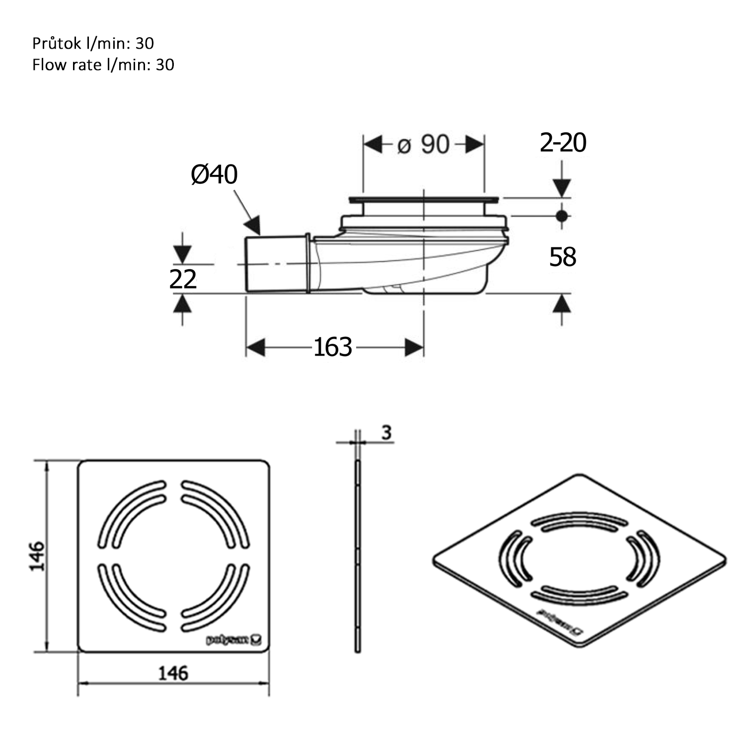 FLEXIA GEBERIT vaničkový sifon, průměr 90mm, DN40, krytka nerez