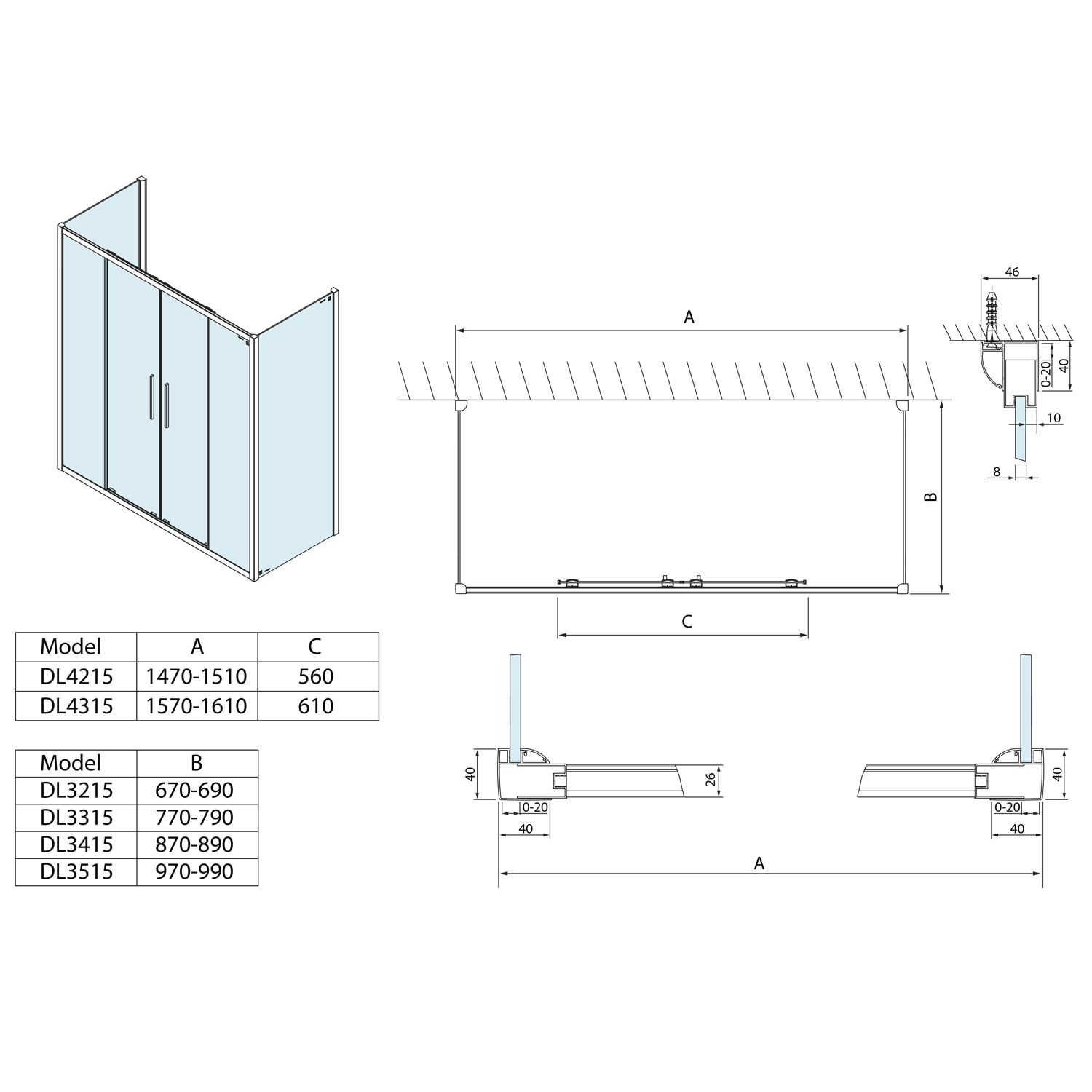 Polysan LUCIS LINE 1500x900x900, třístěnný sprchový kout - DL4215DL3415DL3415