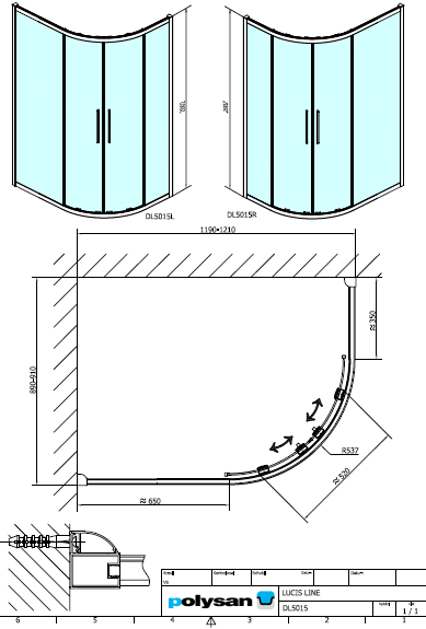 Polysan LUCIS LINE 1200x900, prodloužená čtvrtkruhová sprchová zástěna - DL5015