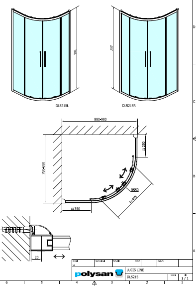 Polysan LUCIS LINE 900x800, prodloužená čtvrtkruhová sprchová zástěna - DL5215